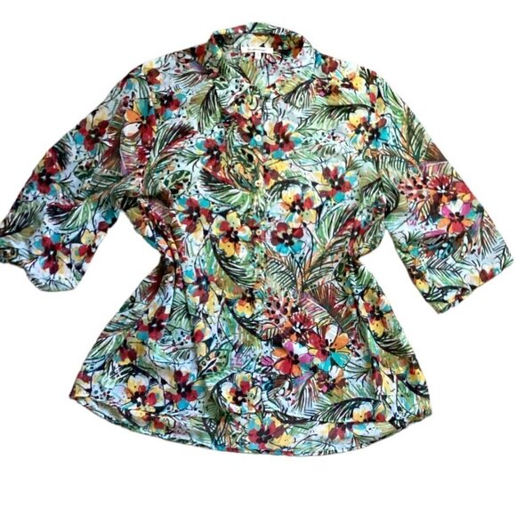 Quintessential Button-Up Roll Tab Sheer Floral Top XL 142L - Picture 5 of 8